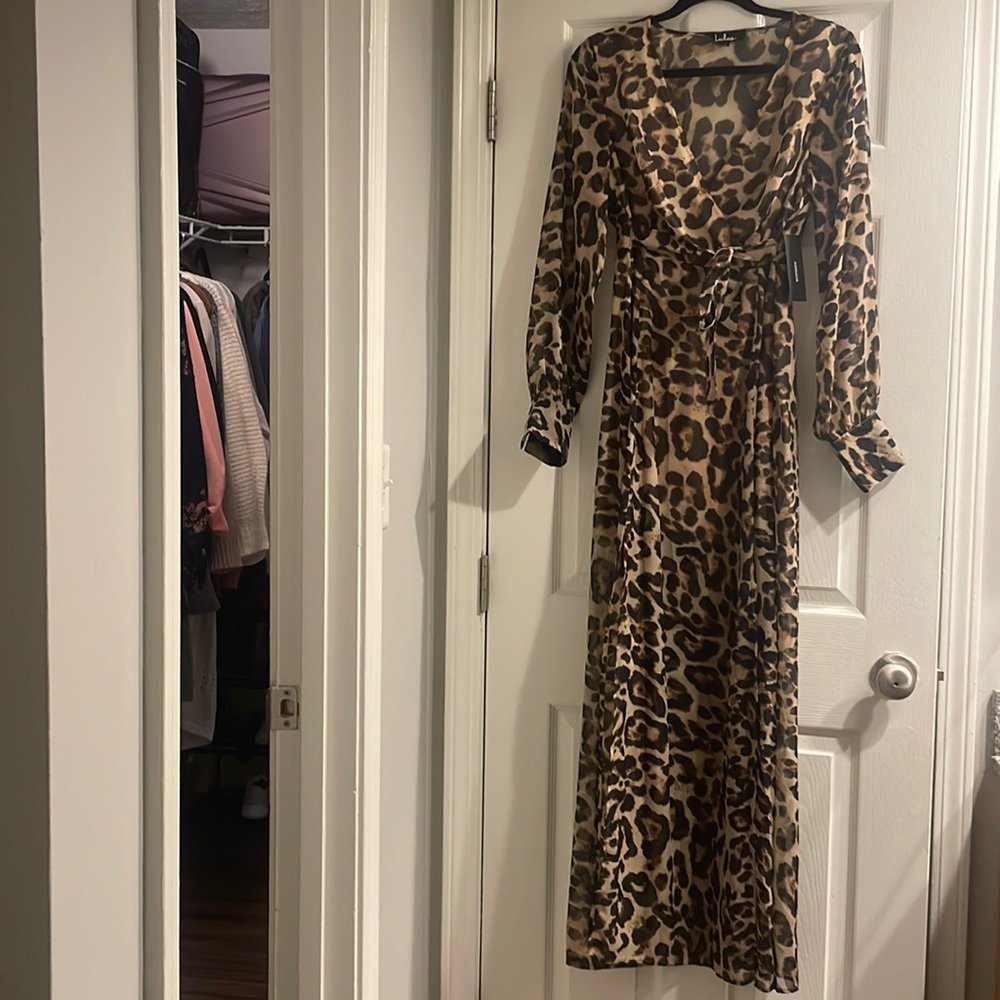 (Price Firm) Lulus Enthusiasm Brown Leopard Print Long Sleeve Maxi Dress